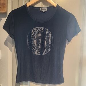 Y2K VINTAGE VERSACE MEDUSA SHIRT TOP TEE SLINKY NAVY BLUE LOGO XS S SMALL rare